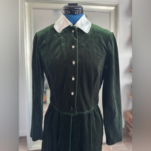 Vintage Button Down Shirt Dress Hunter Green Velour Velvet Lolita Goth - Picture 6 of 11